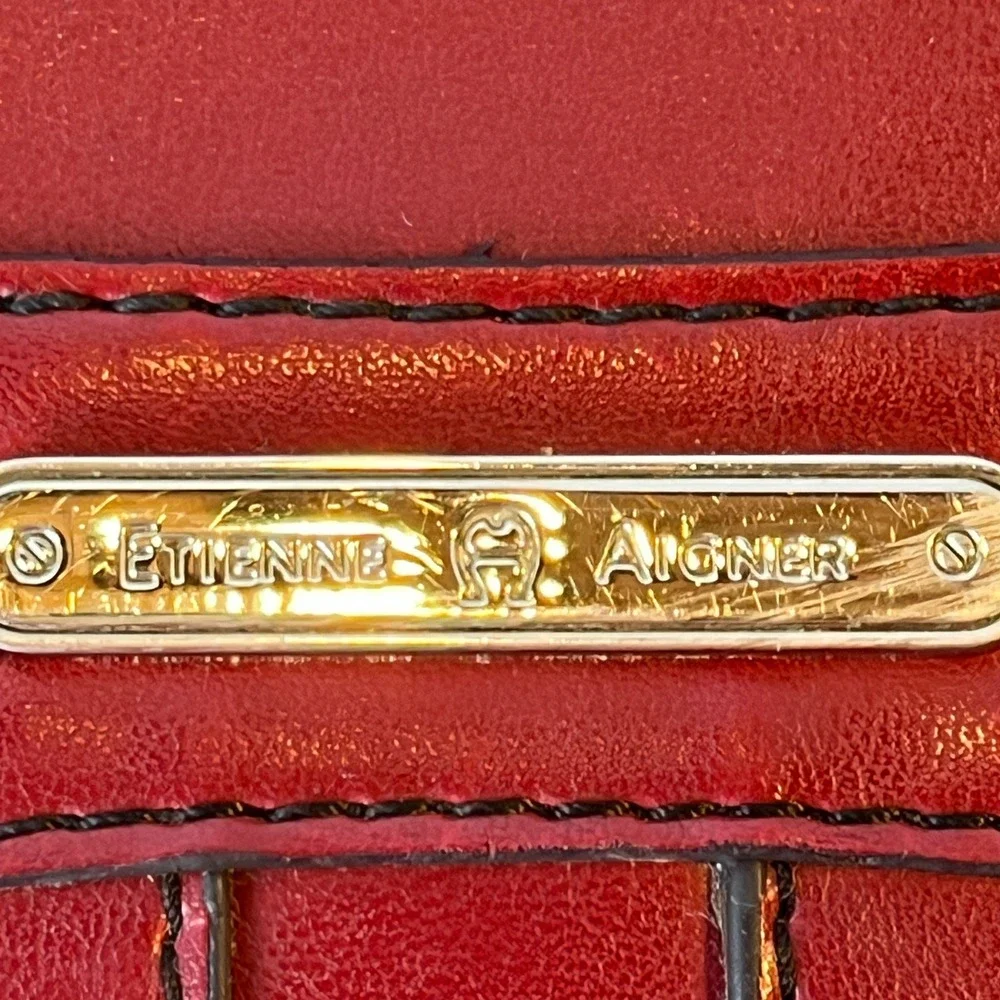 Etienne Aigner Red Leather Zip Around Organizer Wallet Clutch Gold Hardware